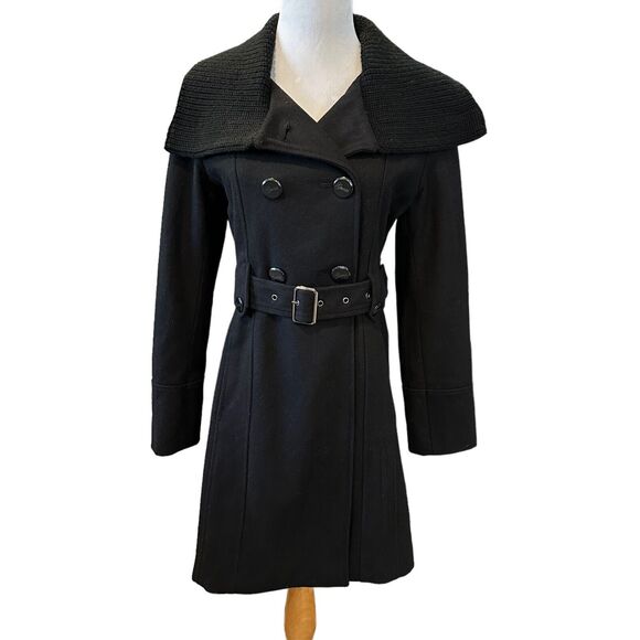 GUESS Women's Black Wool Blend Button & Belt Fitted Peacoat Coat Jacket S PS - Picture 1 of 14